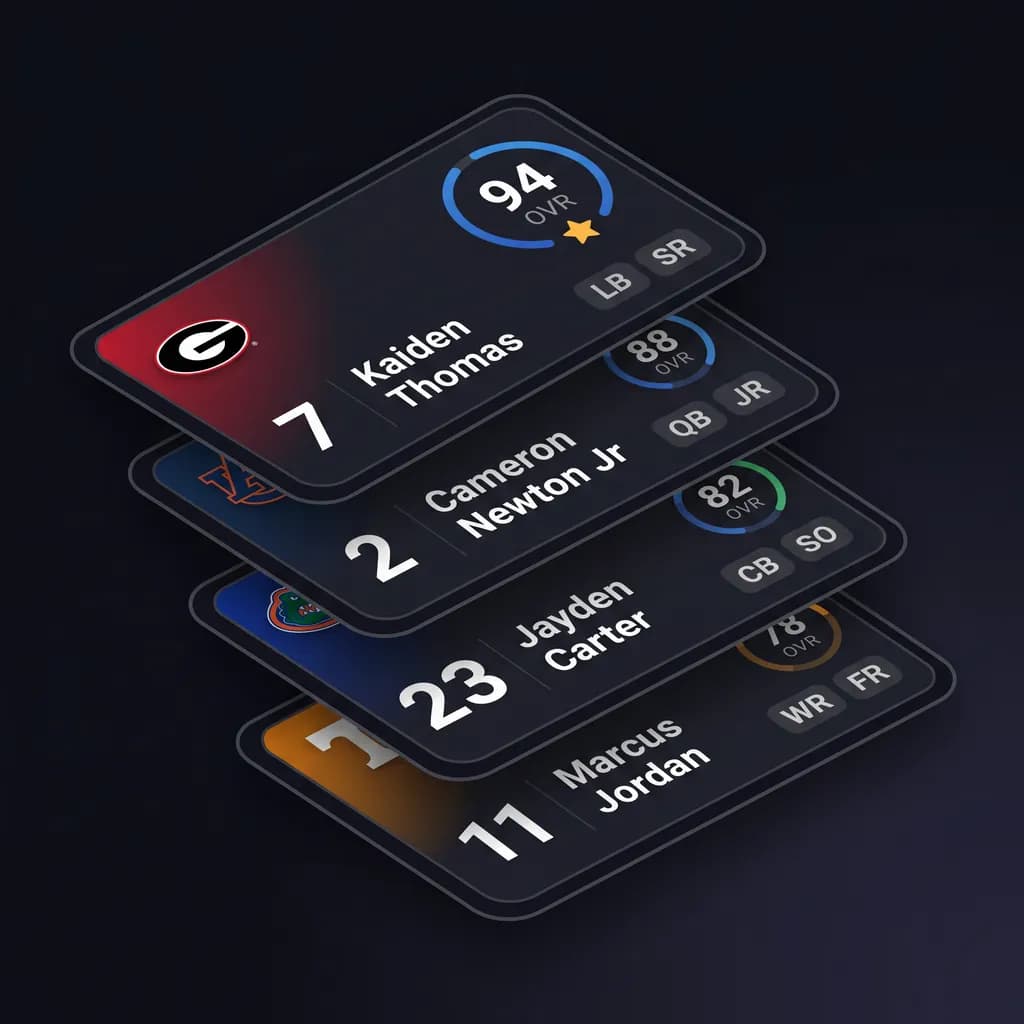 Fanned stack of player cards with jersey numbers, OVR ratings, and class-year pills