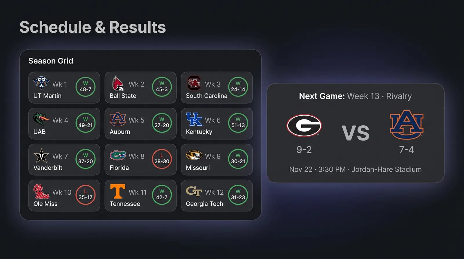 12-game season grid with win/loss badges beside a Week 13 rivalry matchup card