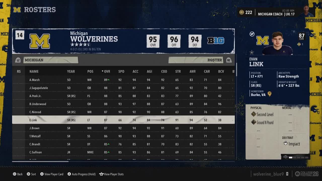Supported CFB 26 roster screen with readable player rows