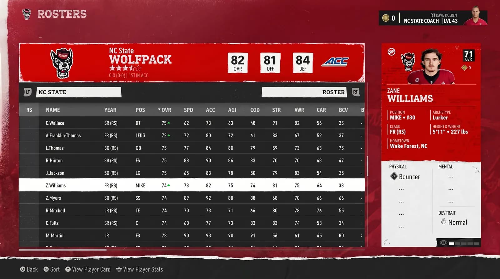 Good CFB 26 roster screenshot example with readable full-screen data